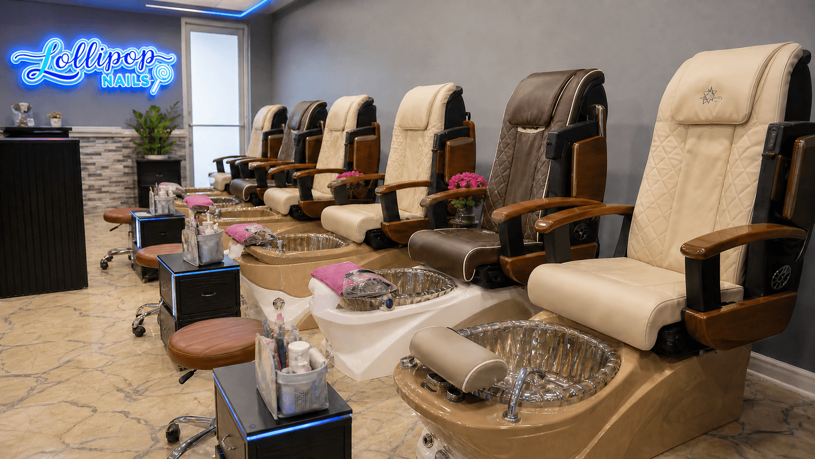 Finished interior concept of the Lollipop Nails pedicure chair row with official neon logo